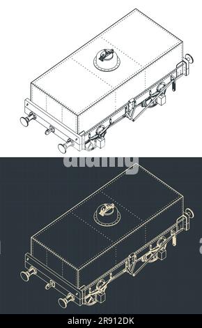 Stilisierte Vektordarstellungen isometrischer Entwürfe eines rechteckigen Teer-Tankwagens Stock Vektor