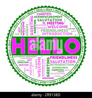 HALLO Wort Bild. Hello Concept mit Wortwolken und rundem Text. Schöne Farben und Grunge-Textur. Fantastische Vektordarstellung. Stock Vektor