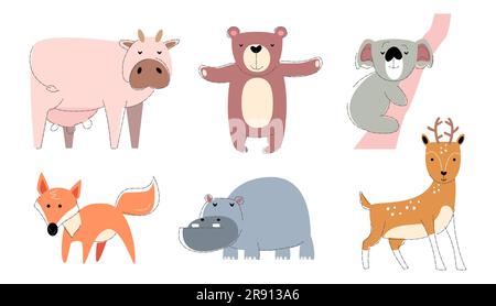 Wildtiere Set 3 . Flaches Design und Bleistiftlinienzeichnung. Vector . Stock Vektor