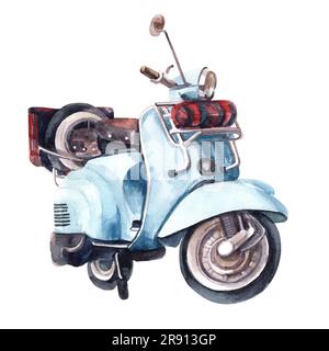 Blaues Moped im Retro-Look in Aquarellblau im klassischen Stil auf weißem Hintergrund. Blaue Kunstfarbe. Aquarelldarstellung. Stockfoto