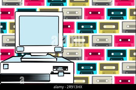 Alter Retro-alter antiker Hipster veralteter stationärer PC mit einer Systemeinheit und einem Flop von unten auf einem Hintergrund aus bunter Musik Stock Vektor