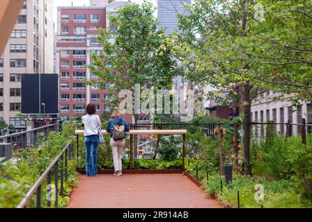 Besucher durchqueren den High Line-Moynihan Connector im Viertel Hudson Yards am Eröffnungstag, Donnerstag, den 22. Juni 2023. Die Holzbrücke und die dazugehörige Waldbrücke verbinden die High Line Extension mit dem Manhattan West plaza in Brookfield, so dass die Moynihan Train Hall fast verkehrsfrei zu Fuß erreichbar ist. (© Richard B. Levine) Stockfoto