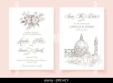 Vintage Floral Hochzeitseinladung, Save the Date, antike Hochzeit. Italien Venedig Stock Vektor