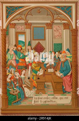 René I von Neapel (1409-1480). König von Neapel, auch bekannt als René von Anjou und guter König René (Bon ROI René auf Französisch). König René und sein musikalischer Hof. Chromolithographie von Firmin Didot nach einer Miniatur der "Breviary of King René", 15. Jahrhundert. "Les Arts au Moyen Age et a l'Epoque de la Renaissance" von Paul Lacroix. Paris, 1877. Autor: Firmin Didot (1764-1836). Französischer Drucker und Gravierer. Stockfoto