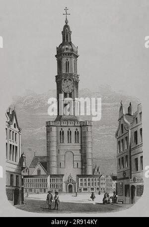 Belgien. Der Glockenturm von Brüssel. Mittelalterlicher Glockenturm vor der Nikolaikirche. Am 25. Juli 1714 brach sie zusammen und wurde nie wieder aufgebaut. Ein Fax einer Gravur aus dem 17. Jahrhundert. "Les Arts au Moyen Age et a l'Epoque de la Renaissance" von Paul Lacroix. París, 1877. Stockfoto