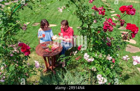 Ein junges Paar genießt Essen und Getränke in einem wunderschönen Rosengarten bei einem romantischen Date, von oben aus hat man einen fantastischen Blick auf Mann und Frau, die essen und trinken Stockfoto