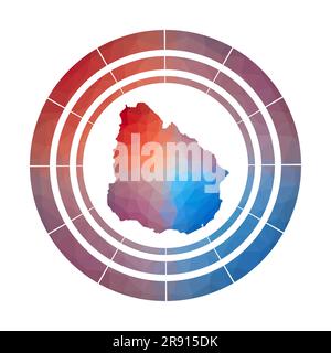 Uruguay-Abzeichen. Leuchtendes, abgestuftes Landlogo in niedriger Poly-Optik. Mehrfarbiges abgerundetes Uruguay-Schild mit Karte im geometrischen Stil für Ihre Infografiken. Stock Vektor