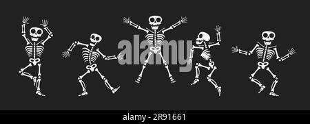 Skelette tanzen mit verschiedenen Positionen flaches Design Vektorbildungs-Set. Lustiger Tanz Halloween oder Day of the Dead Skeletons Sammlung. Stock Vektor