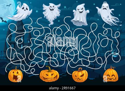Das Labyrinth-Labyrinth hilft, Cartoon-Geister zu finden, seinen Kürbis. Vector-Brettspiel-Arbeitsblatt mit Comic lustigen Spionen, die Jack-Laternen durchsuchen. Boardgame-Aufgabe mit verworrenen Pfaden, Start und Ende, Rätsel für Kinder Stock Vektor