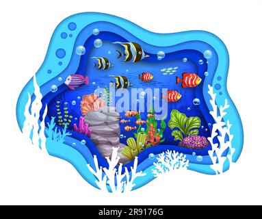 Cartoon tropische Korallen, Fischschaufel und Seetang in Meerespapierschnitt, Vektor Unterwasserlandschaft. Exotische Unterwasser-Korallenriffe in Papierschnitt oder ausgeschnitten mit Meereswellen und Fisch-Silhouette Hintergrund Stock Vektor