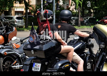 Budapest, Juni 2023: Harley Davidson Motorcycle Festival. HD120 Jahre. Harley Biker versammeln sich zu einem Konzert im Puskas Stadion. SCHWEINEKLEIDUNG. Stockfoto