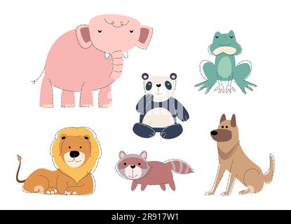 Wildtiere Set 1 . Flaches Design und Bleistiftlinienzeichnung. Vector . Stock Vektor