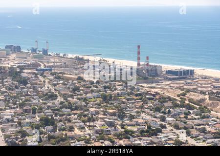 Luftaufnahme des Hyperion SAFE Center und der Tanks der Hyperion Wasseraufbereitungsanlage in Los Angeles, Kalifornien, USA Stockfoto