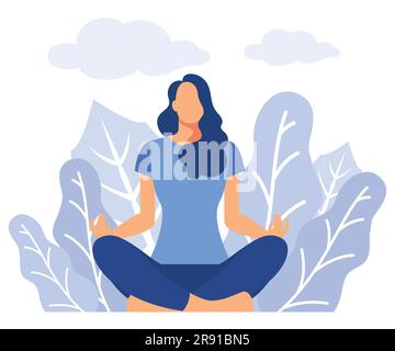 Das Konzept der Meditation, die gesundheitlichen Vorteile für Körper, Geist und Emotionen, die Anfänge und die Suche nach Ideen, flacher Vektor moderne Illustratio Stock Vektor