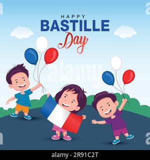 Happy bastille Day Greetings with happy Kids Vector Illustration Design Stock Vektor