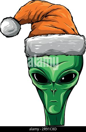 Außerirdischer mit weihnachtsmann-Hut. Weihnachtliches Alien-Gesicht. vektordarstellung Stock Vektor