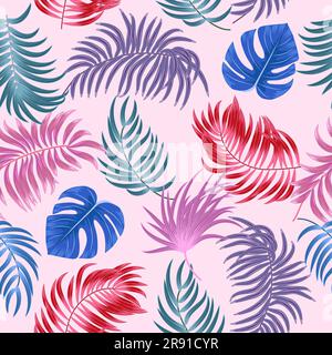Vektor tropischer Dschungel nahtloses Muster mit mehrfarbigen Palmenblättern, Hintergrund für die Hochzeit, Zitate, Geburtstags- und Einladungskarten, Grußkarten Stock Vektor
