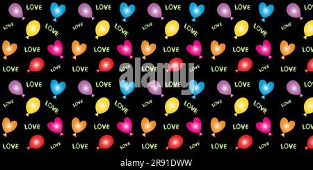 Nahtloses Vektormuster. Helle Ballons auf schwarzem Hintergrund, Textschwärmerei, festlich romantisch. EPS10-Vektor. Stock Vektor