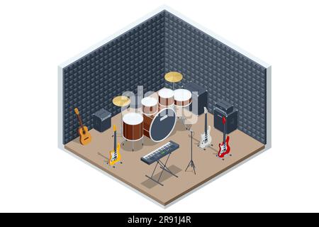 Isometrisches Aufnahmestudio und schalldichte Wandstruktur. Trommelset mit Trommeln und Becken. Analoger Synthesizer-Sound Stock Vektor