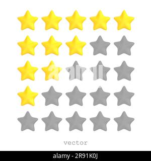 Fünf 3D-Vektorsterne, gelbe und graue Farben. Feedback-Konzept für Kundenbewertungen. Realistischer 3D-Cartoon-Stil. Für Webdesign, Ranking der Website oder Mobil Stock Vektor