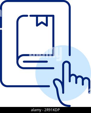 Ein elektronisches Buch zum Lesen auswählen. Digitale Bibliothek auf Tablet. Pixelgenaue, bearbeitbare Kontur Stock Vektor