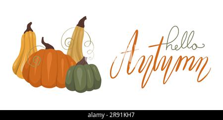 Horizontale Vektorkarte mit Kürbissen und Buchstaben auf weißem Hintergrund. Zitat: "Hallo Herbst". Herbstbanner mit Gemüse und kalligraphischer Aufschrift Stock Vektor
