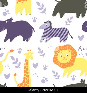 Kindliches Nahtmuster mit handgezogenen Tieren. Trendiger skandinavischer Vektorhintergrund. Perfekt für Kinderbekleidung, Stoff, Textilien, Dekoration im Kinderzimmer Stock Vektor