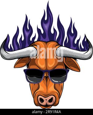 vektordarstellung eines Bullenkopfes mit Sonnenbrille und Flammen Stock Vektor