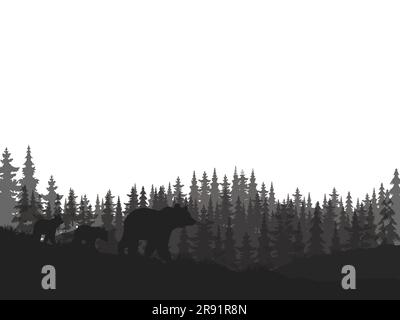 Nahtlose horizontale Vektordarstellung. Mutterbär mit einem kleinen Bären läuft im Wald Stock Vektor