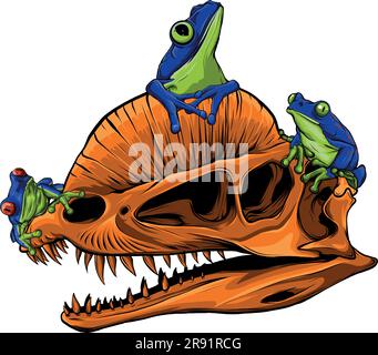 vektordarstellung von fleischfressenden Dinosar-Schädeln mit Frosch Stock Vektor