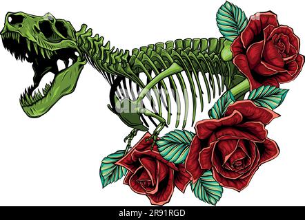 Vektordarstellung des Skeletts von Dinosaur Tyrannosaurus Rex mit Rosen und Blättern Stock Vektor