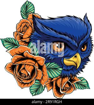 Vektordarstellung eines Eulenkopfes mit Rosenblüten Stock Vektor