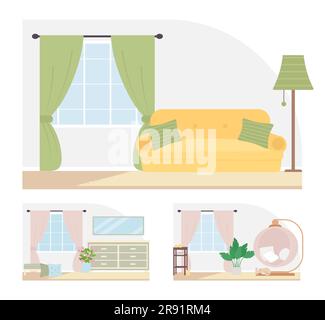 Komfortables Heim Dekor flache Farbe Vektorbildungs-Set. Stock Vektor