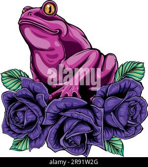 Frosch auf roten Rosen mit Blättern Vektordesign auf weißem Hintergrund Stock Vektor