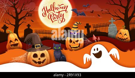 Halloween-Banner in Papierform mit Cartoon-Geist und Kürbissen auf Friedhofslandschaft. Vektor-Grußkartendesign mit 3D-Effekt, Paperut-Rahmen, Nachtfriedhof mit Gräbern, schwarzer Katze, Amanita und Fledermäusen Stock Vektor