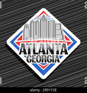Vektorlogo für Atlanta, weißes Rhombus-Straßenschild mit Strichzeichnung der berühmten zeitgenössischen Stadtlandschaft von atlanta am Himmel, dekoratives RE Stock Vektor