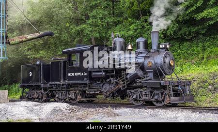 Cass, West Virginia, 18. Juni 2022 - A Side View of a Climax Antique Steam Locomotive, die sich für einen Arbeitstag aufwärmt Stockfoto