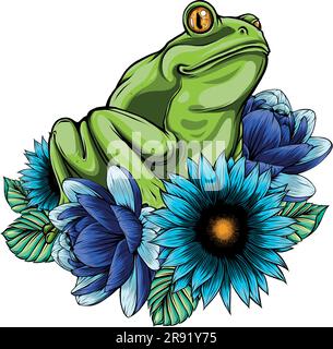 Frosch mit Augen, der auf der Vektor-Illustration des Blattes der Wasserlilie-Blume sitzt Stock Vektor