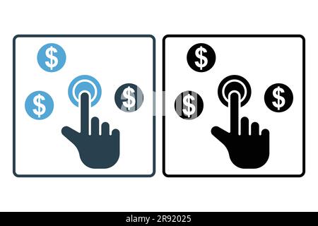 Symbol für Bezahlung pro Klick. Handberührung mit Dollar, klicken Sie auf Money seo. Solides Icon-Design. Einfache Vektorkonstruktion editierbar Stock Vektor