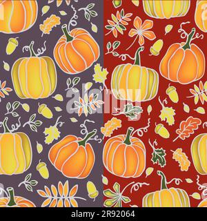 Kürbisilustration im Herbst, handgezeichnetes Herbstmuster im Cantoon-Stil in Ogange auf schwarzem Hintergrund Stock Vektor