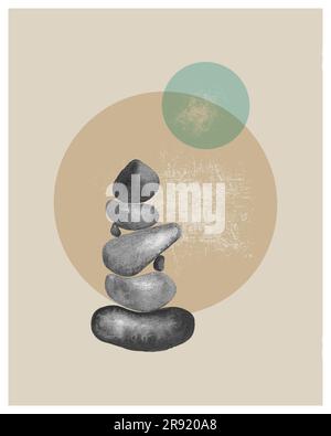Stones Aquarell monochrome handgezeichnete Poster minimalistische Designelemente im Boho-Stil . Wandschmuck, Innendekoration rund. Vektordarstellung Stock Vektor