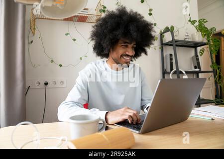 Lächelnder Freiberufler mit Laptop zu Hause Stockfoto