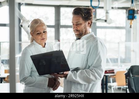 Wissenschaftler diskutieren gemeinsam über ein Notebook Stockfoto