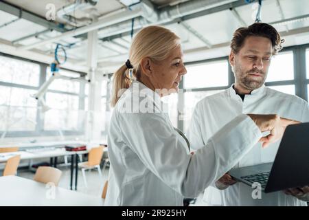 Leitender Wissenschaftler mit Kollegen, der über ein Notebook im Labor diskutiert Stockfoto