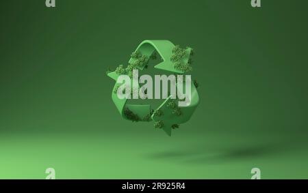 Recycling-Schild mit grüner Pflanze vor grünem Hintergrund Stockfoto
