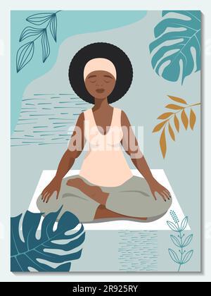 Afrikanische wunderschöne Frau, die Lotus-Asana praktiziert. Yoga-Studio-Poster. Vertikale Vektordarstellung Stock Vektor