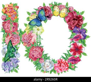 Aquarelle Blumen, isoliert handgezeichnet, Hochzeitsdesign, kyrillisches russisches Alphabet 32 Stock Vektor