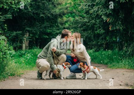 Mann und Frau küssen sich mit Jack Russell Terrier Hunden im Park Stockfoto