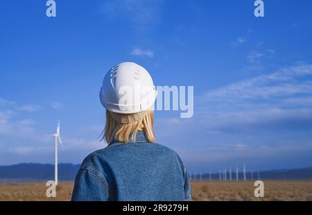Ingenieur mit Schutzhelm, der den Himmel in der Wüste betrachtet Stockfoto