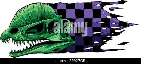 vektordarstellung des dilophosaurus Skull mit Rassenflagge Stock Vektor